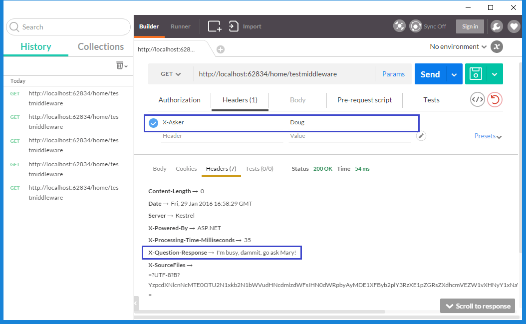 A Postman response, showing a request header "X-Asker" with a value of "Doug" and a response header "X-Question-Response" with value "Go ask Mary!"