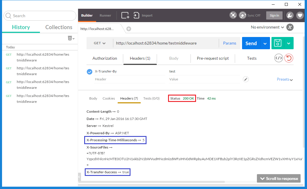 A Postman response, showing status code 200 OK and including "X-Transfer-Success" response header.
